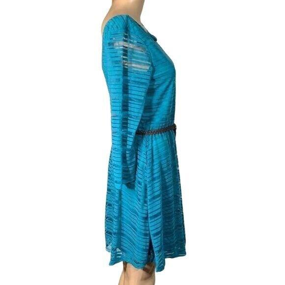 Lily Rose Womens Dress Lightweight Shadow Striped Belted Turquoise Teal Medium - Picture 4 of 9